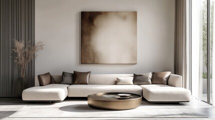 Modern living room interior with a luxury canvas hanging on the wall, featuring sleek furniture and a realistic background, Generative AI design