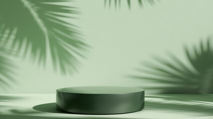 Matte green empty round podium with soft palm leaf shadow. Product display background with copy space