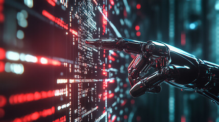 A robotic hand points at lines of digital code on a screen, symbolizing AI, automation, and advanced technology in data processing and computing.