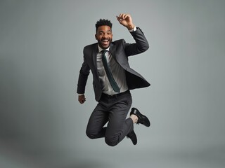 Joyful african american man bank manager jumping in suit against a minimalist background, exuding excitement and celebration