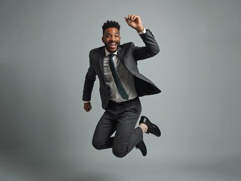 Joyful african american man bank manager jumping in suit against a minimalist background, exuding excitement and celebration