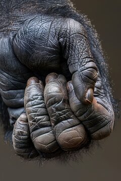 Macro shot of a silverback gorillas hand, revealing the detail and tactile ability, suitable for primate anatomy studies