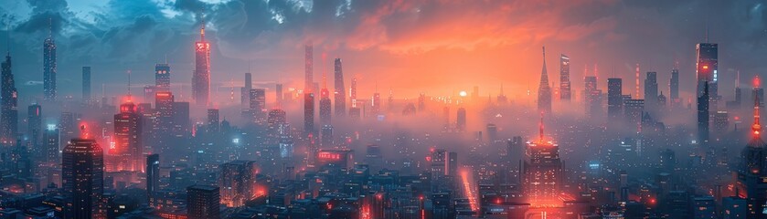 Fototapeta premium Mechanical stork delivering neon infused packages across the skyline of a bustling future city