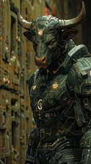 Fototapeta premium Minotaur with reinforced armor and GPS labyrinth mapping technology patrolling the corridors of a high tech maze