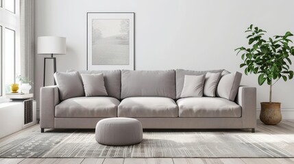 Modern gray sofa with ottoman in a minimalist living room.