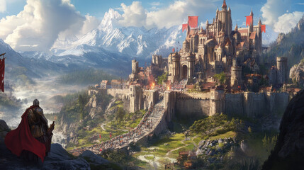 Fototapeta premium A castle with a red flag flying in the background
