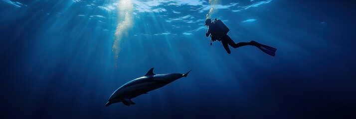 Fototapeta premium Diver with dolphin in deep sea