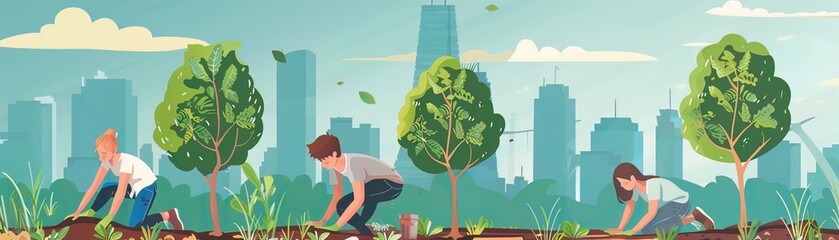 People planting trees in urban areas to combat global warming and improve air quality
