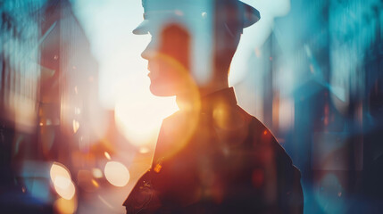 Silhouette of a police officer standing in front of a city skyline at sunset.