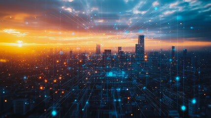 Obraz premium smart, digital, city, connection, network, reciprocity, Smart digital city with connection cyber security network reciprocity over the cityscape . future smart wireless digital city and social media n