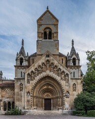 Front view of the Romanesque Jak Chapel in Vajdahunyad Castle, Budapest, Hungary © Wirestock