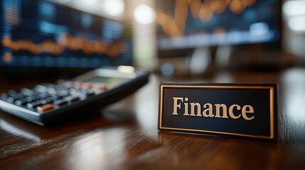 Finance department desk with sign calculator and financial charts on computer screens