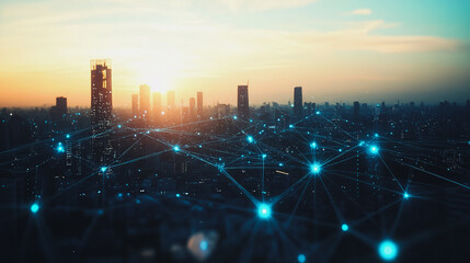 smart, digital, city, connection, network, reciprocity, Smart digital city with connection cyber security network reciprocity over the cityscape . future smart wireless digital city and social media n