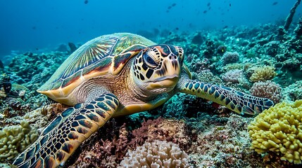 Fototapeta premium Sea Turtle Close-Up in a Vibrant Coral Reef