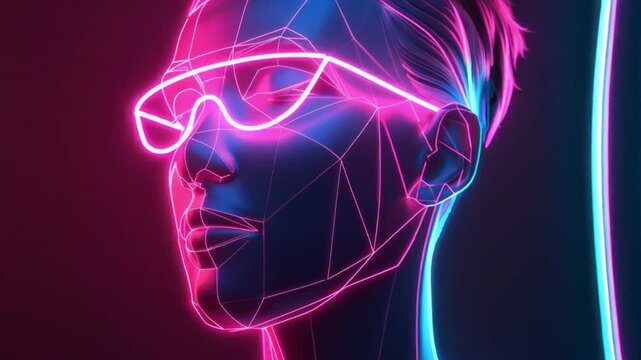 Female face with polygon skin, face biometric identification. Recognition system and Personal data secure concept. 4k video footage