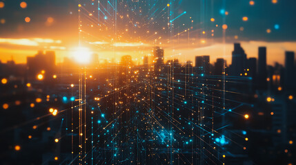 Fototapeta premium smart, digital, city, connection, network, reciprocity, Smart digital city with connection cyber security network reciprocity over the cityscape . future smart wireless digital city and social media n