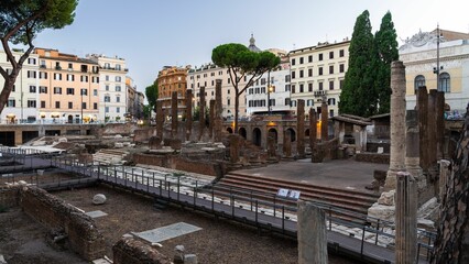Fototapeta premium Ancient Roman ruins of Largo di Torre Argentina at dusk in Rome.
