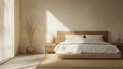 A minimalist bedroom with a queen-size bed made from sustainable wood and a statement headboard, featuring a soft, textured rug made from recycled materials on the floor and a minimalist nightstand