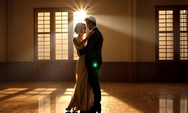Golden Embrace: A couple dances in a sun-drenched ballroom, their love story illuminated in a timeless moment of romance and elegance. 