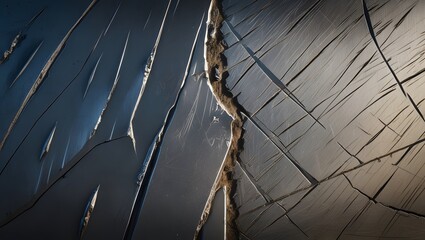 Fototapeta premium Scratched metal surface texture, with deep, worn scratches running across the metallic texture, reflections of light on the sharp edges of the scratches