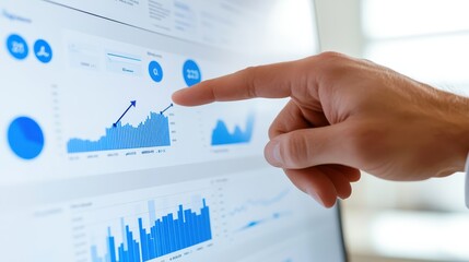 Hand Pointing at Analytics Graph on Digital Marketing Dashboard Website Metrics