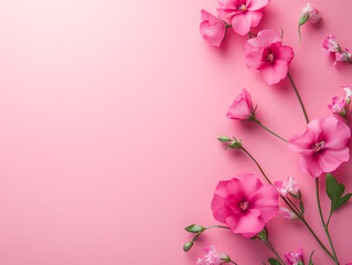 Fototapeta premium A white frame with pink flowers surrounding it. The frame is empty, but the flowers are arranged in a way that creates a sense of balance and harmony