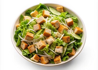 Caesar salad served in white plate, isolated on white background