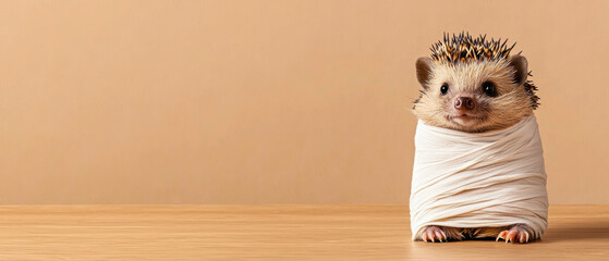 Hedgehog dressed as a mummy with tiny bandages, Halloween hedgehog, spooky small animal costume