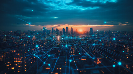 Naklejka premium Smart digital city with connection cyber security network reciprocity over the cityscape . future smart wireless digital city and social media networking systems that connects people within the city