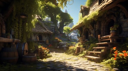 Naklejka premium Charming village scene with cobblestone path, lush greenery, and rustic cottages surrounded by vibrant flowers and nature.