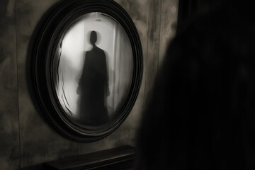 A man's shadow is cast on a mirror, creating a creepy and unsettling atmosphere