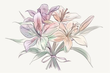 Obraz premium Pastel botanical bouquet with hand-drawn lilies in delicate watercolor style. AI