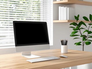 Fototapeta premium Modern office workspace with desktop computer, wooden desk, and potted plant.