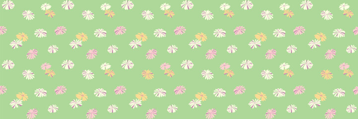 Abstract unique flowers seamless pattern on a mint green background. Minimalist ditsy floral printing. Pastel summer simple ornament. Vector hand drawn.