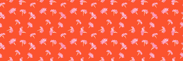 Abstract creative flowers buds seamless pattern on a orange background. Minimalist stylized floral printing. Summer plain ornament. Vector hand drawn.
