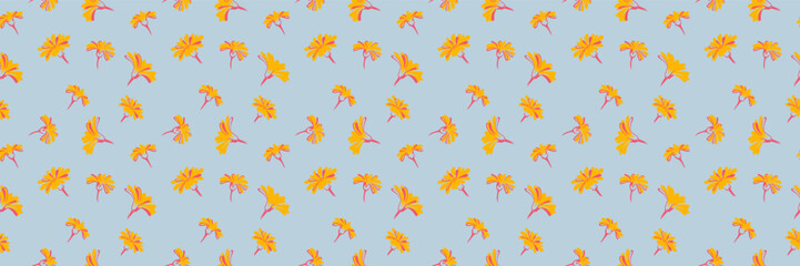 Fototapeta premium Colorful seamless pattern with abstract unique flowers buds. Minimalist stylized floral printing on a blue background. Summer plain ornament. Vector hand drawn.