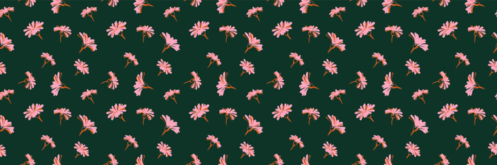 Abstract creative flowers buds seamless pattern on a dark background. Minimalist stylized floral printing. Summer simple ornament. Vector hand drawn.