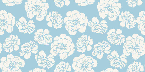 Abstract shapes buttercups, pansies seamless pattern on a pastel blue background. Bicolor contour silhouettes flowers print. Vector hand drawn. Plain nature ornament for designs