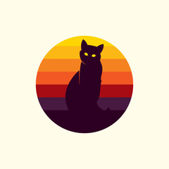 Silhouette of a cat against a retro sunset. Original vector illustration in vintage style.