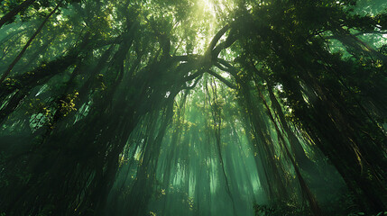 Naklejka premium A section of the Amazon rainforest filled with tall, towering trees and vines wrapped around their trunks 