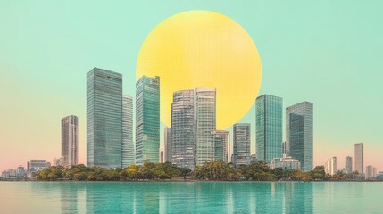 Obraz premium A vibrant collage showcasing urban architecture with a sunset over a modern city skyline