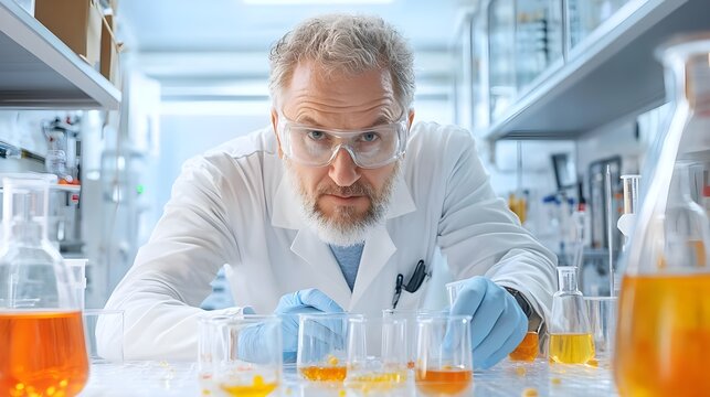 A focused scientist examining test tubes filled with colorful liquids in a modern laboratory setting.