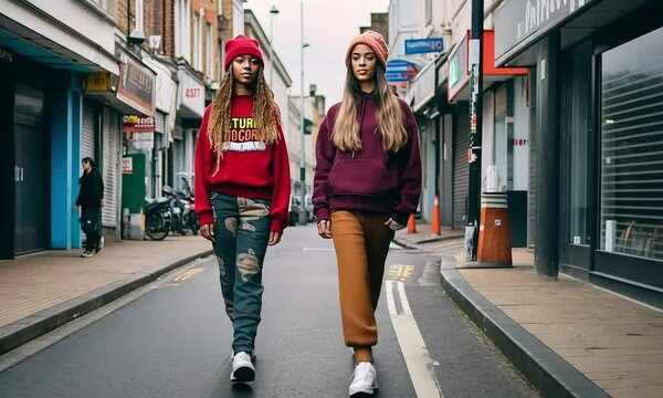 Urban Style: Twin sisters, rocking vibrant streetwear, confidently own the city streets with an air of effortless cool.
