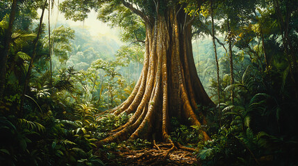 Obraz premium The base of a towering kapok tree in the Amazon, surrounded by smaller plants and vines in a dense jungle scene 