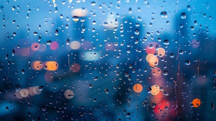 Rain drops on window glass with city light bokeh.