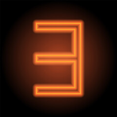 Number three, numeral simple icon vector. Flat design. Orange neon on black background