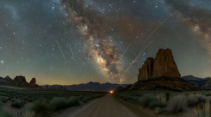 Night Sky Photography - Desert Road with Milky Way Galaxy and Shooting Stars