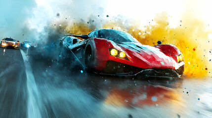 A dynamic scene of racing cars splashing through water, showcasing speed and excitement.