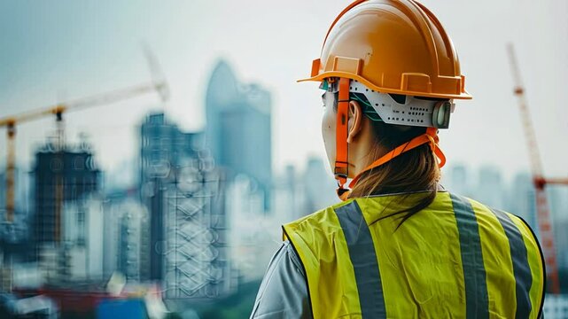 Construction Visionary: A female construction worker in a hard hat and safety vest gazes at a cityscape with cranes in the background, showcasing the ambition and determination behind modern urban dev