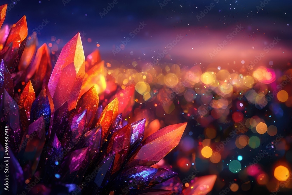 Aufkleber vibrant crystals illuminated under lights with a sparkling bokeh background, creating a magical and 